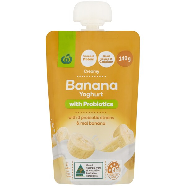 Woolworths Probiotic Banana Yoghurt Pouch 140g