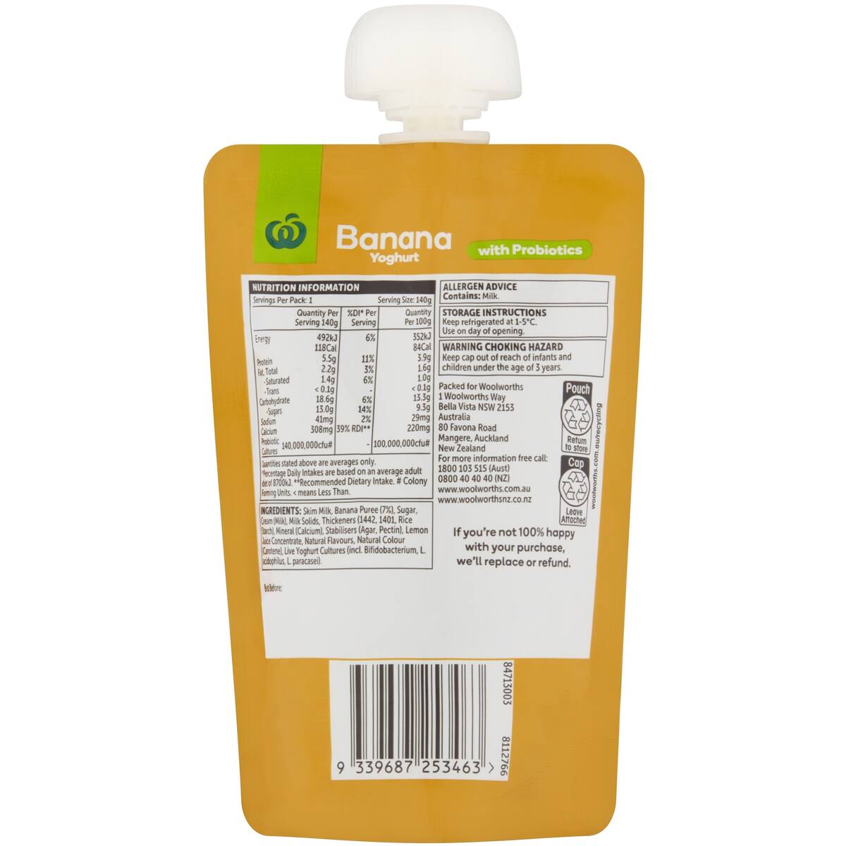 Woolworths Probiotic Banana Yoghurt Pouch 140g bunch