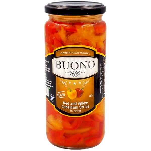 Buono Red And Yellow Capsicum Strips In Brine 450g