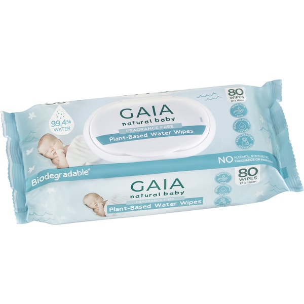 Gaia Natural Baby Plant-Based Water Wipes Fragrance Free 80 pack
