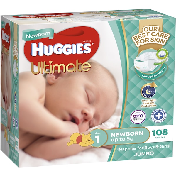 Huggies Ultra Dry Nappies Newborn Up To 5kg 108 Pack Jumbo