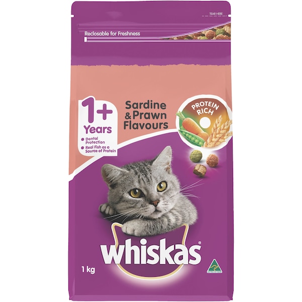 Whiskas 1+ Years Dry Cat Food Sardine & Prawn 1kg