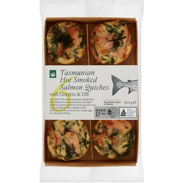 Woolworths Hot Smoked Salmon Gruyere & Spinach  Quiches Chilled Meal 6 Pack