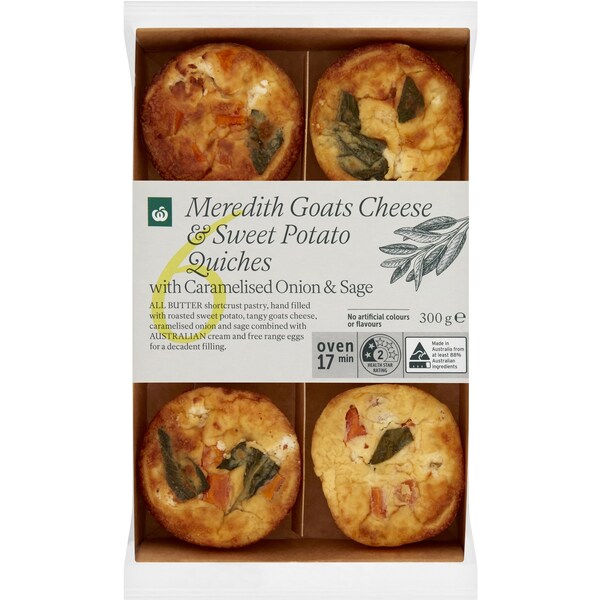 Woolworths Meredith Goats Cheese & Sweet Potato Quiches Chilled Meal 6 Pack