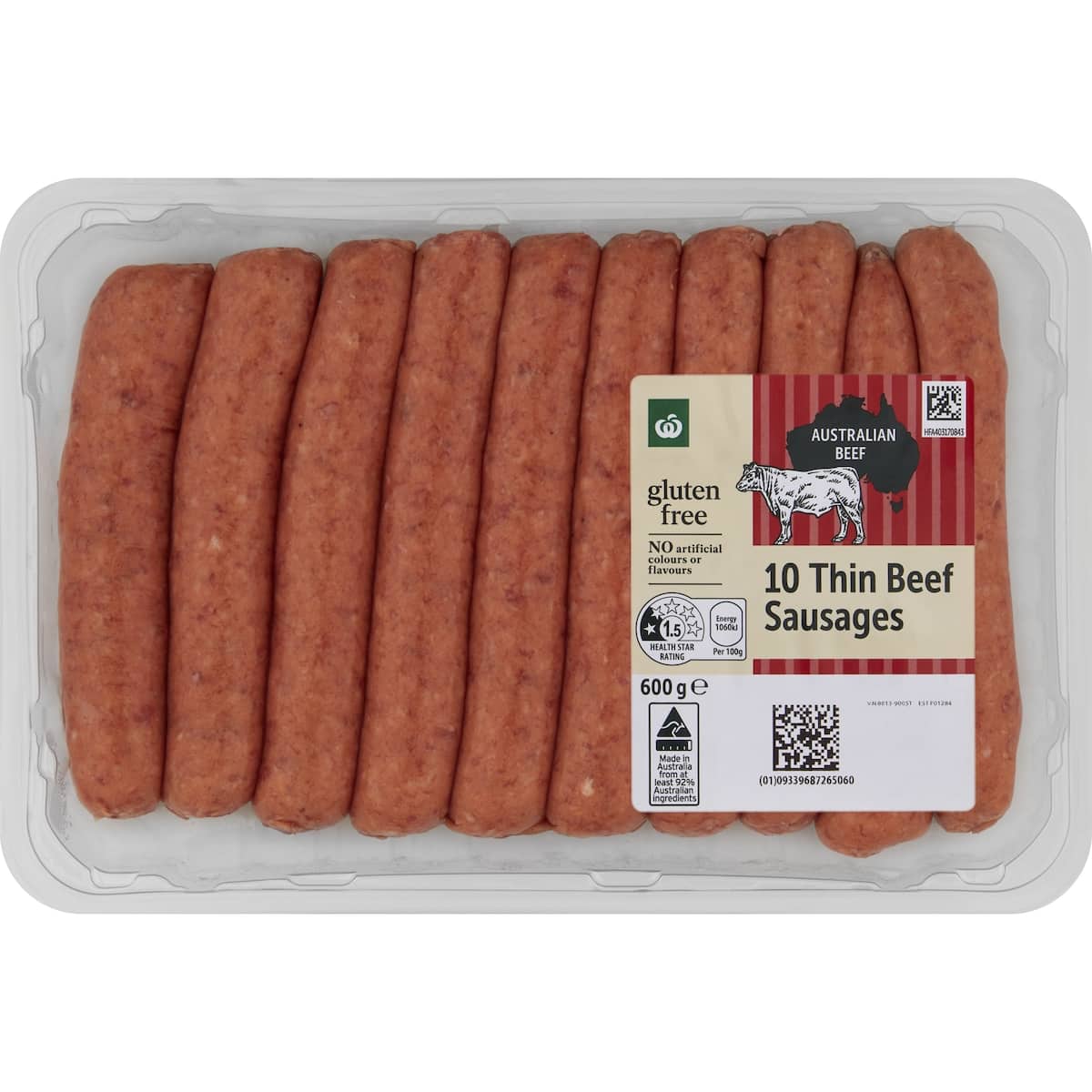 Woolworths 10 Thin Beef Sausages 600g bunch