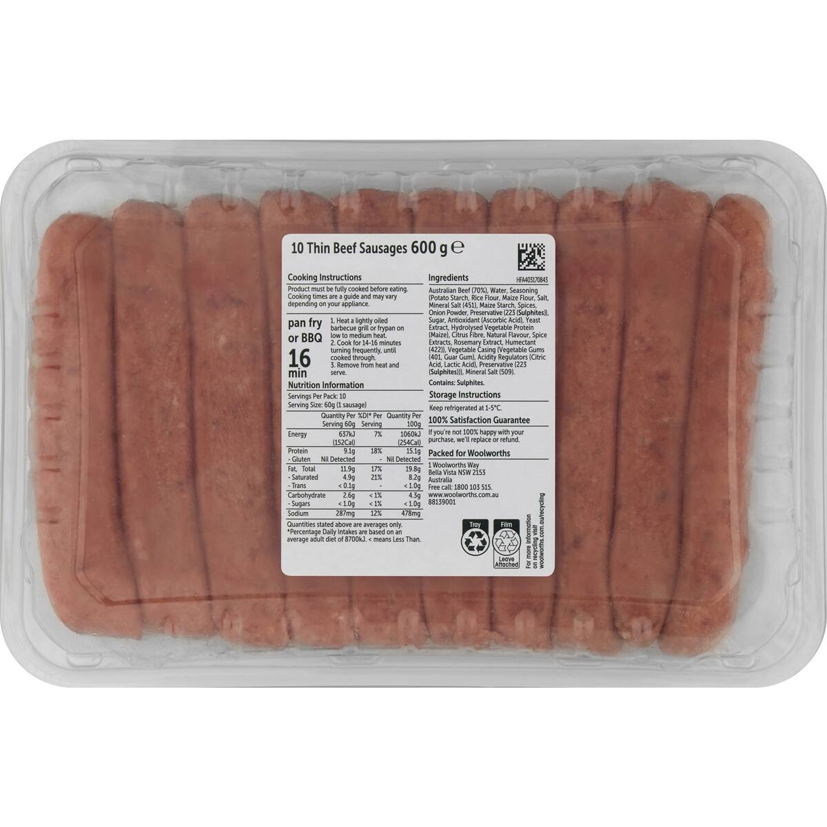 Woolworths 10 Thin Beef Sausages 600g bunch