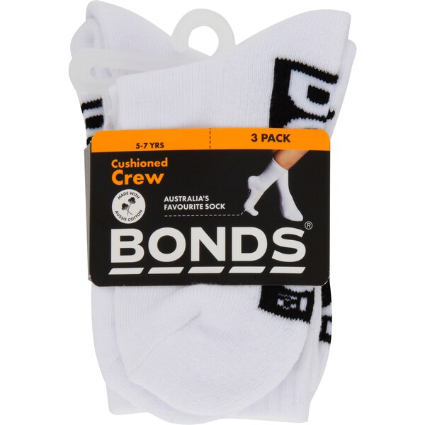 Bonds Kids Cushioned Crew Sock Size 3-8 3 Pack