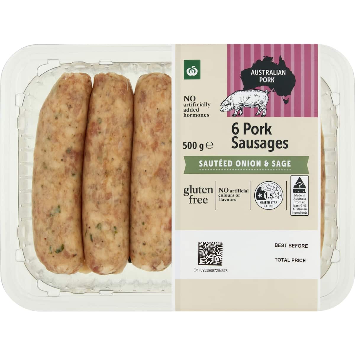 Woolworths Pork Sausages Sautee Onion and Sage 6 Pack bunch