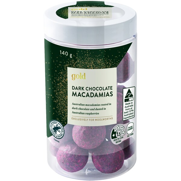 Woolworths Gold Raspeberry Dusted Dark Chocolate Macadamias 140g