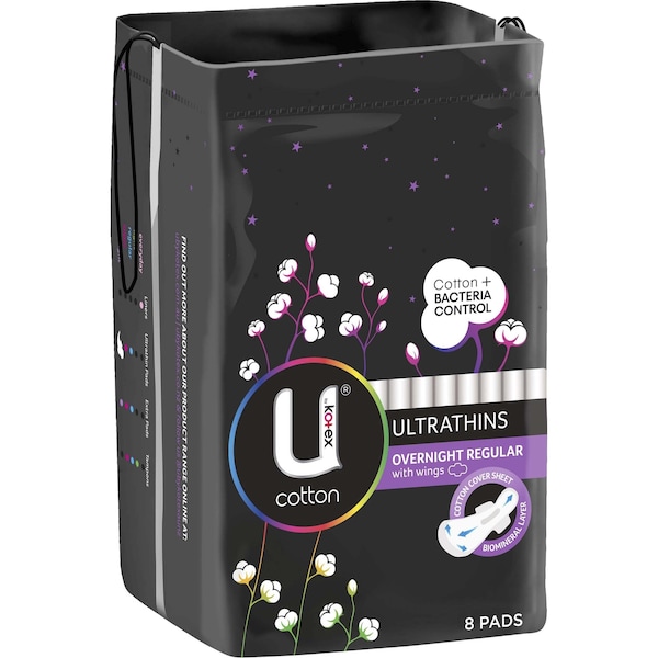 U by Kotex Cotton Ultrathin Pads Overnight with Wings 8 pack