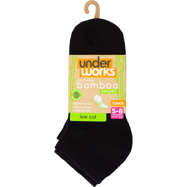 Underworks Ladies Organic Bamboo Sport Sock Low Cut Size 5-8 Assorted 3 Pack
