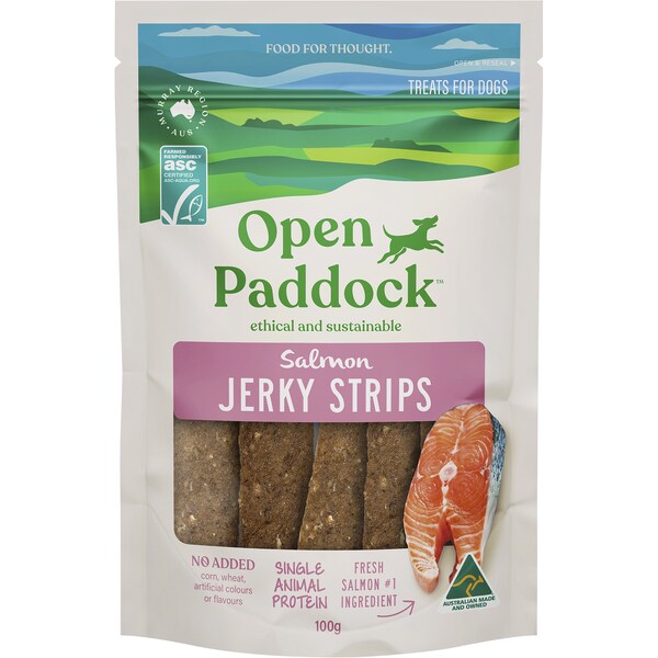 Open Paddock Salmon Jerky Strips Dog Treats 100g