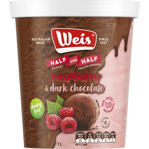 Weis half & half Dairy Free raspberry & dark chocolate 1L