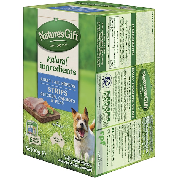 Nature's Gift Adult Wet Dog Food Strips Chicken Carrots & Peas 100g x 6 pack