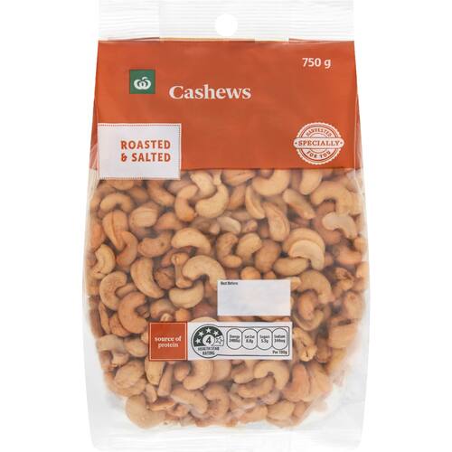 Woolworths Cashews Roasted and Salted 750g Pack bunch