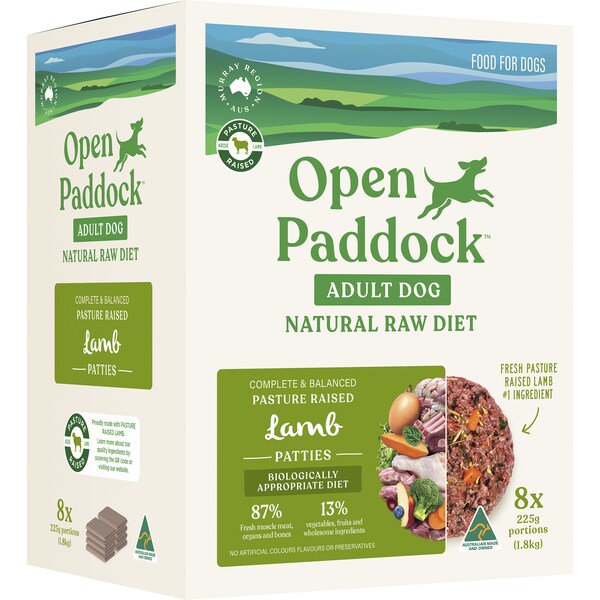 Open Paddock Frozen Adult Dog Food Mince Lamb Patties 225gx 8 Pack