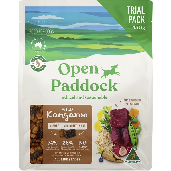 Open Paddock Dry Dog Food With Air Dried Wild Kangaroo Trial Pack 450g