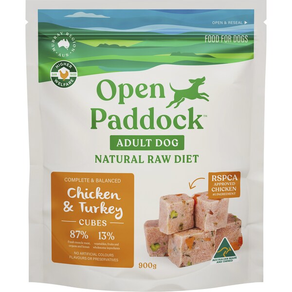Open Paddock Frozen Dog Treat Meaty Cubes Chicken & Turkey 900g