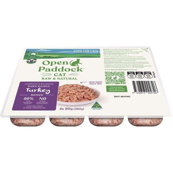 Open Paddock Frozen Cat Food Mince Turkey 90gx 4 Pack