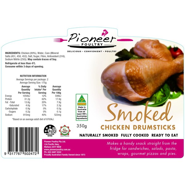 Pioneer Poultry Smoked Chicken Drumsticks 350g