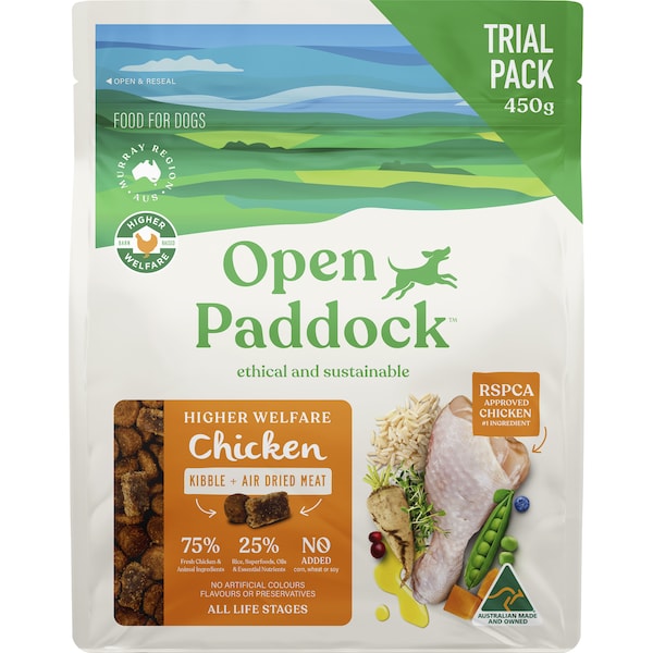 Open Paddock Dry Dog Food With Air Dried Chicken Trial Pack 450g