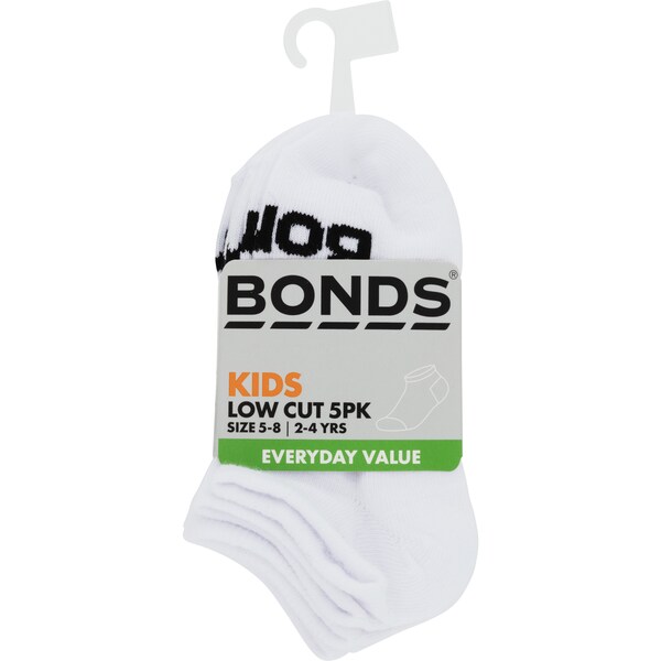 Bonds Kids Low Cut Sock Black Or White Size 9 To 12 5 Pack