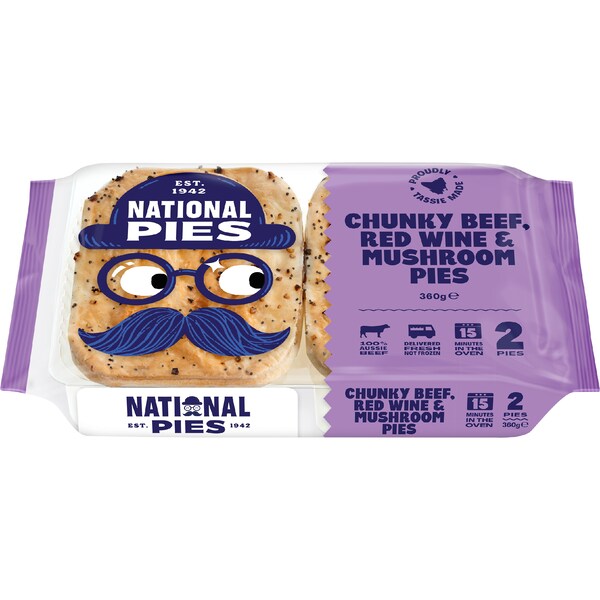 National Pies Fresh Chunky Beef, Red Wine & Mushroom Pies 2 pack