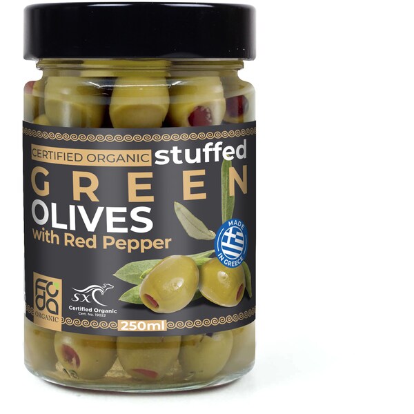 Foda Organic Stuffed Green Olives With Red Pepper 250mL