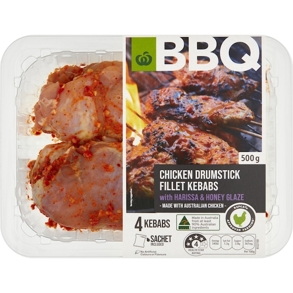 Woolworths BBQ Chicken Drumstick Fillet Kebbabs Harissa & Honey Glaze 4 pack