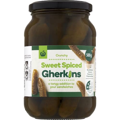 Woolworths Gherkins Sweet Spiced 500g bunch
