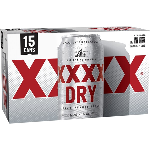 XXXX Dry Full Strength Lager Cans 375mlx 15 Pack