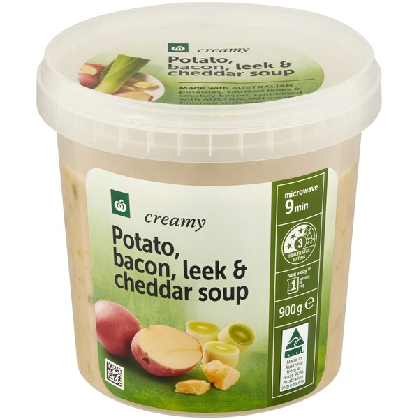 Woolworths Creamy Potato, Bacon, Leek & Cheddar Soup 900g