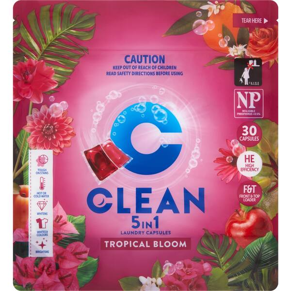 Clean 5 In 1 Laundry Capsules Tropical Bloom 30 pack | bunch