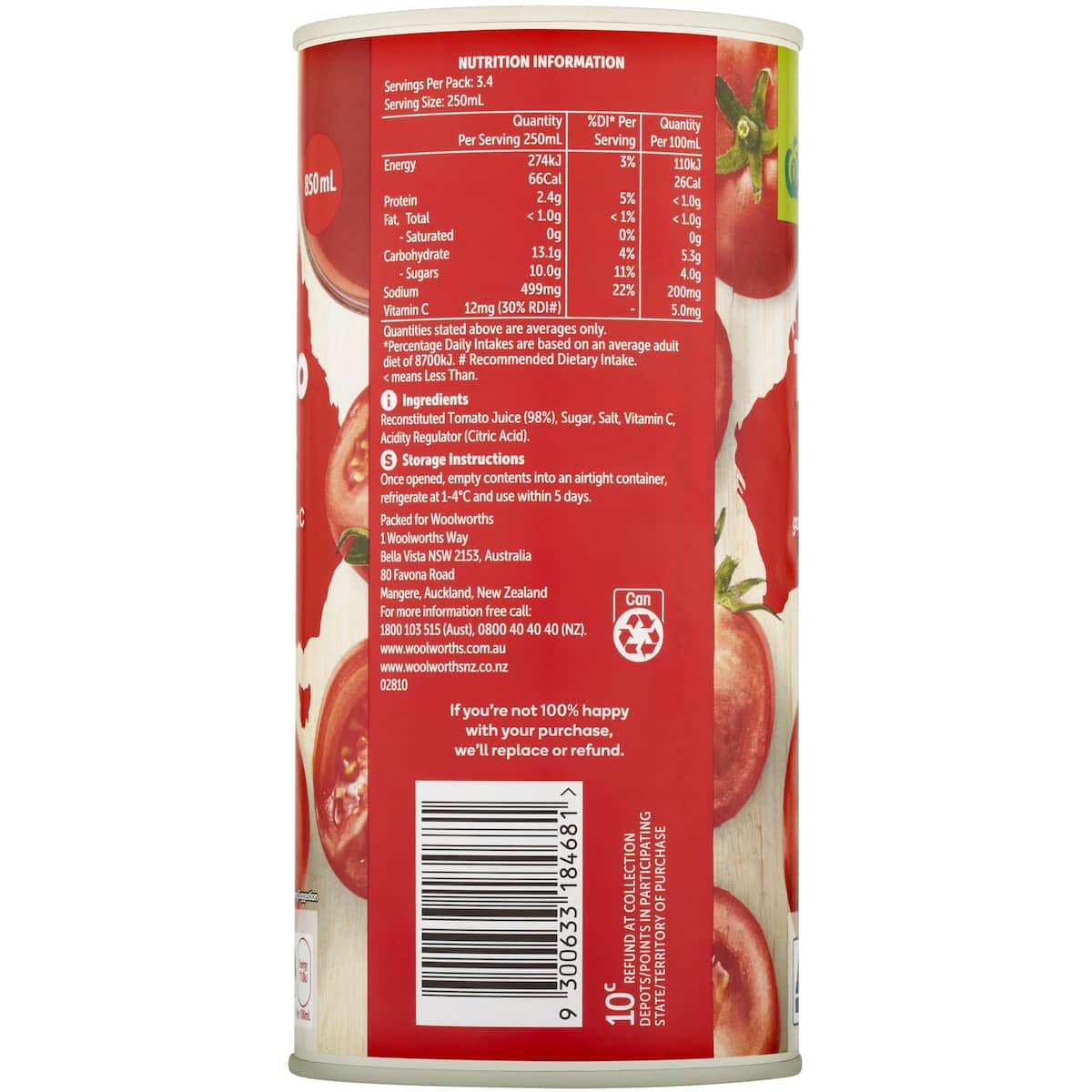 Woolworths Tomato Juice 850ml bunch