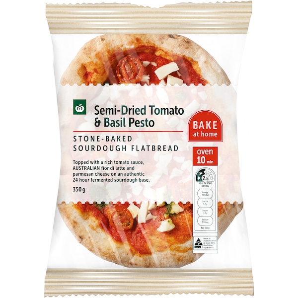 Woolworths Semi Dried Tomato & Basil Pesto Sourdough Flatbread 350g