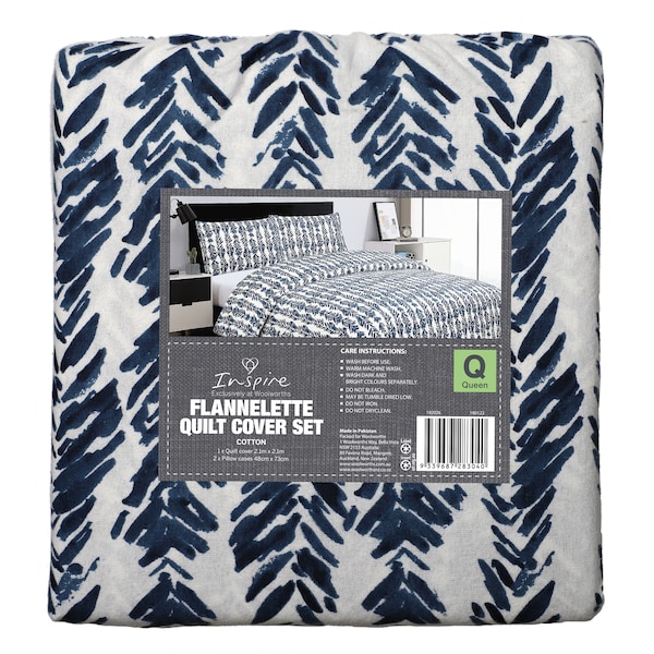Inspire Cotton Flannelette Quilt Cover Set Blue Queen Size Each