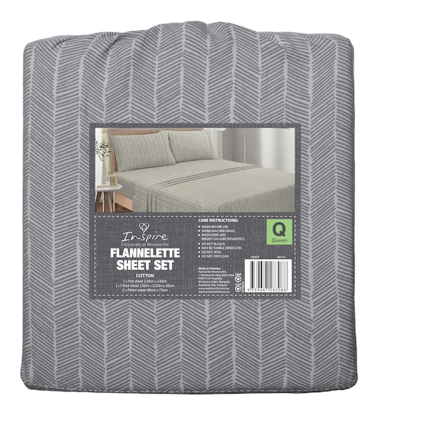 Inspire Cotton Flannelette Sheet Set Grey Queen Size Each