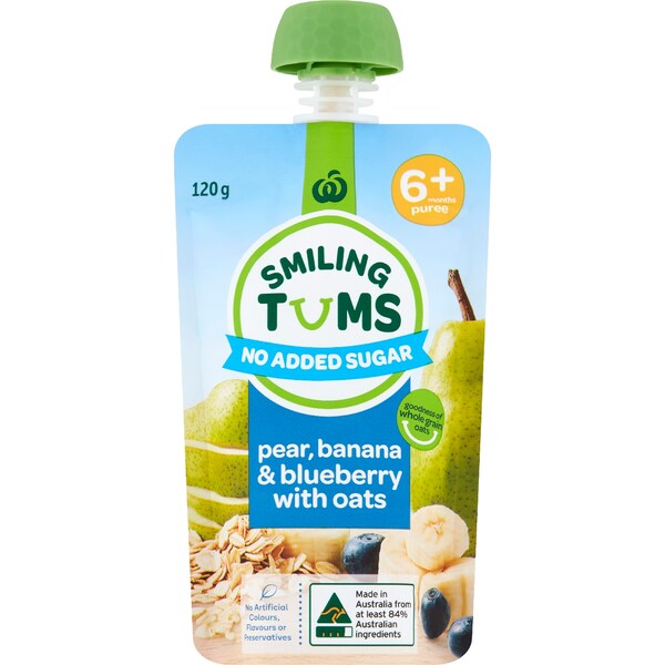 Woolworths Smiling Tums Pear, Banana & Blueberry with Oats 6+ Months 120g