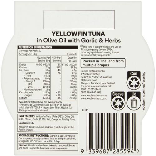 Woolworths Yellowfin Tuna Olive Oil With Garlic and Herbs 160g bunch