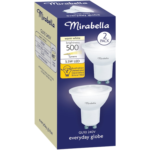 Mirabella LED GU10 5.5W 500lm Warm White Light Globe 2 pack