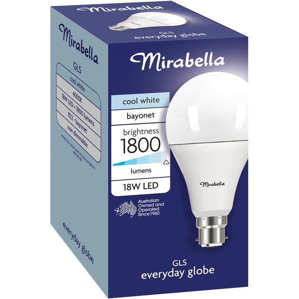 Mirabella Led Gls Bayonet Cap 18w 1800lm Cool White Light Globe Each