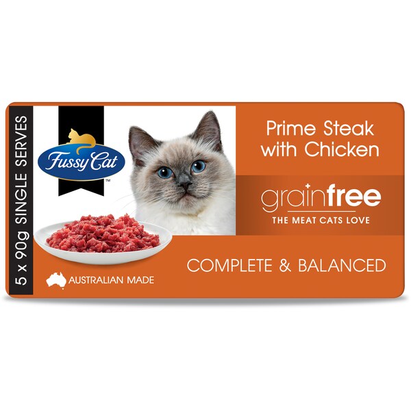Fussy Cat Grain Free Adult Chilled Fresh Cat Food Steak Mince & Chicken 90g x 5 pack