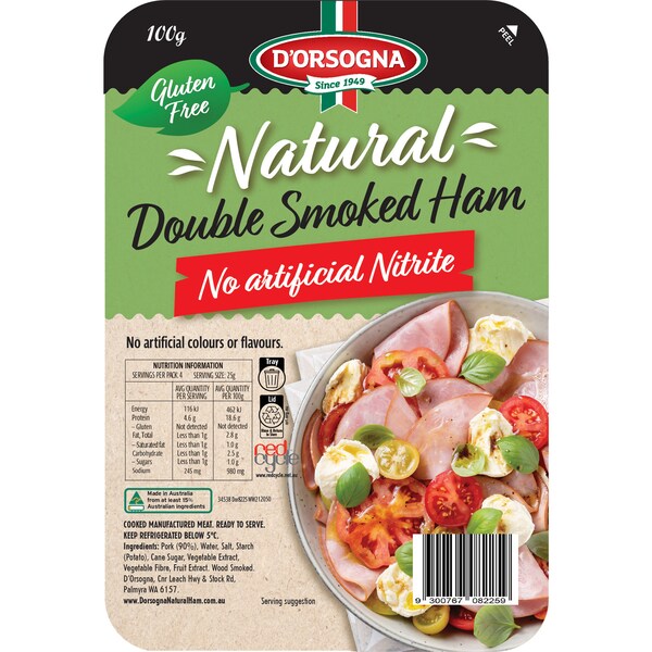 D'Orsogna Natural Double Smoked Ham Gluten Free 97% Fat Free 100g