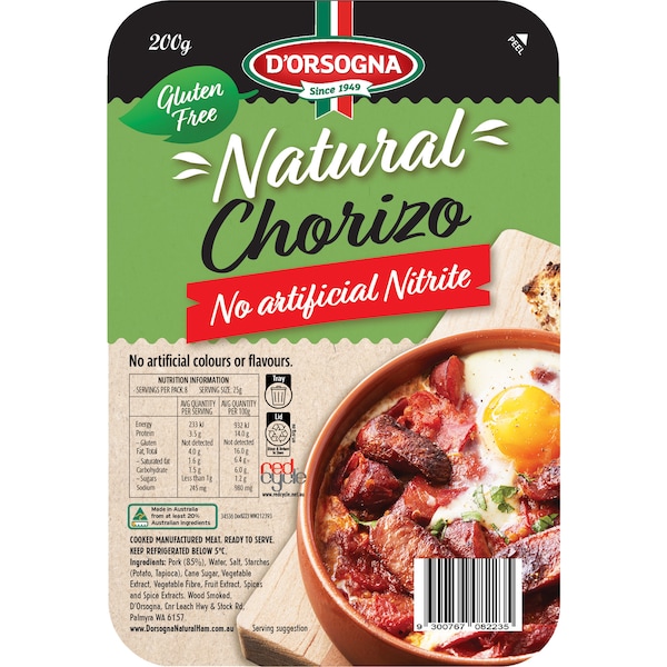 D'Orsogna Natural Chorizo Gluten Free Wood Smoked 200g