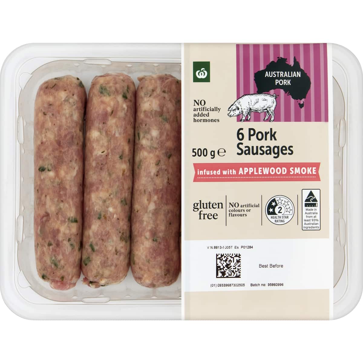 Woolworths Applewood Smoked Infused Pork Sausages 500g bunch