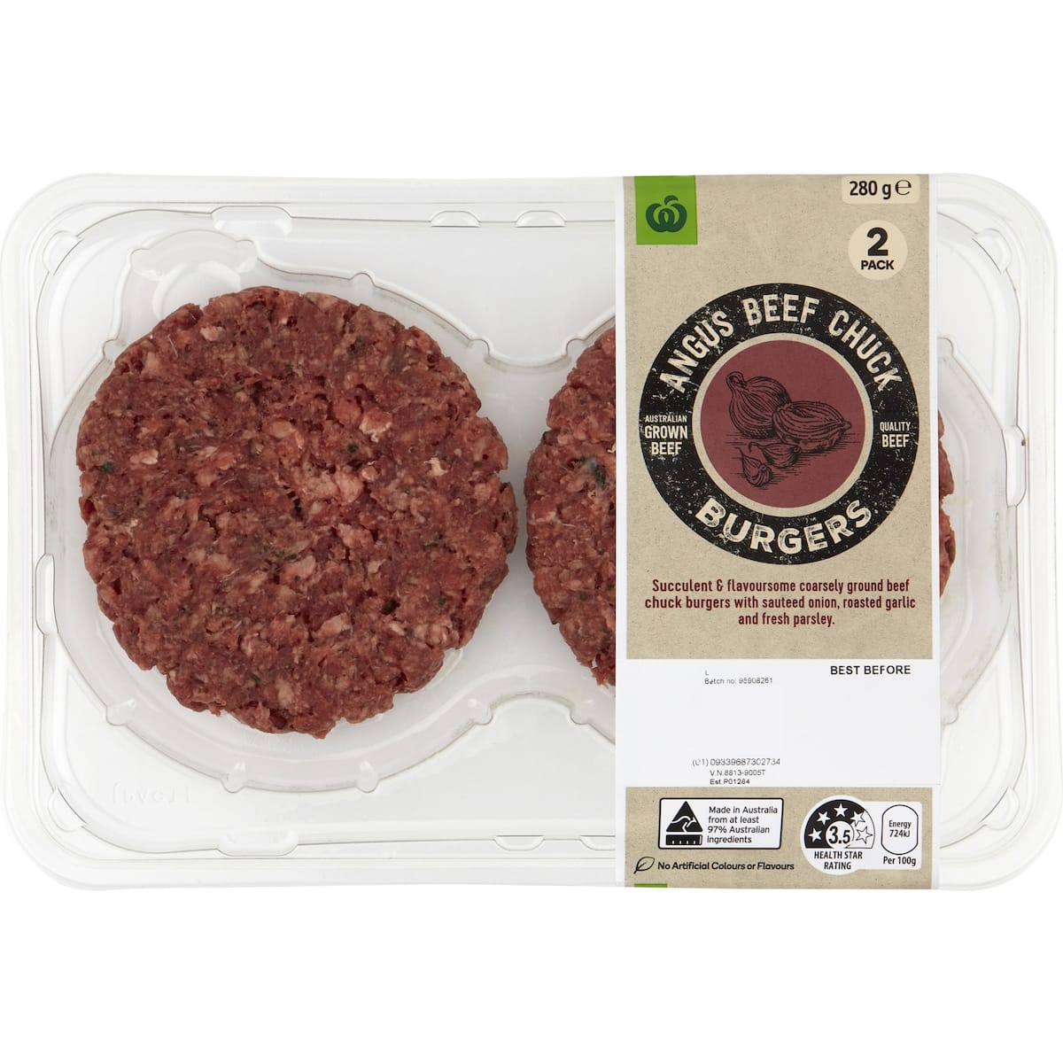 Woolworths Angus Chuck BeefBurger with Sea Salt 280g bunch