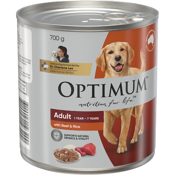 Optimum Adult Wet Dog Food with Beef & Rice Can 700g
