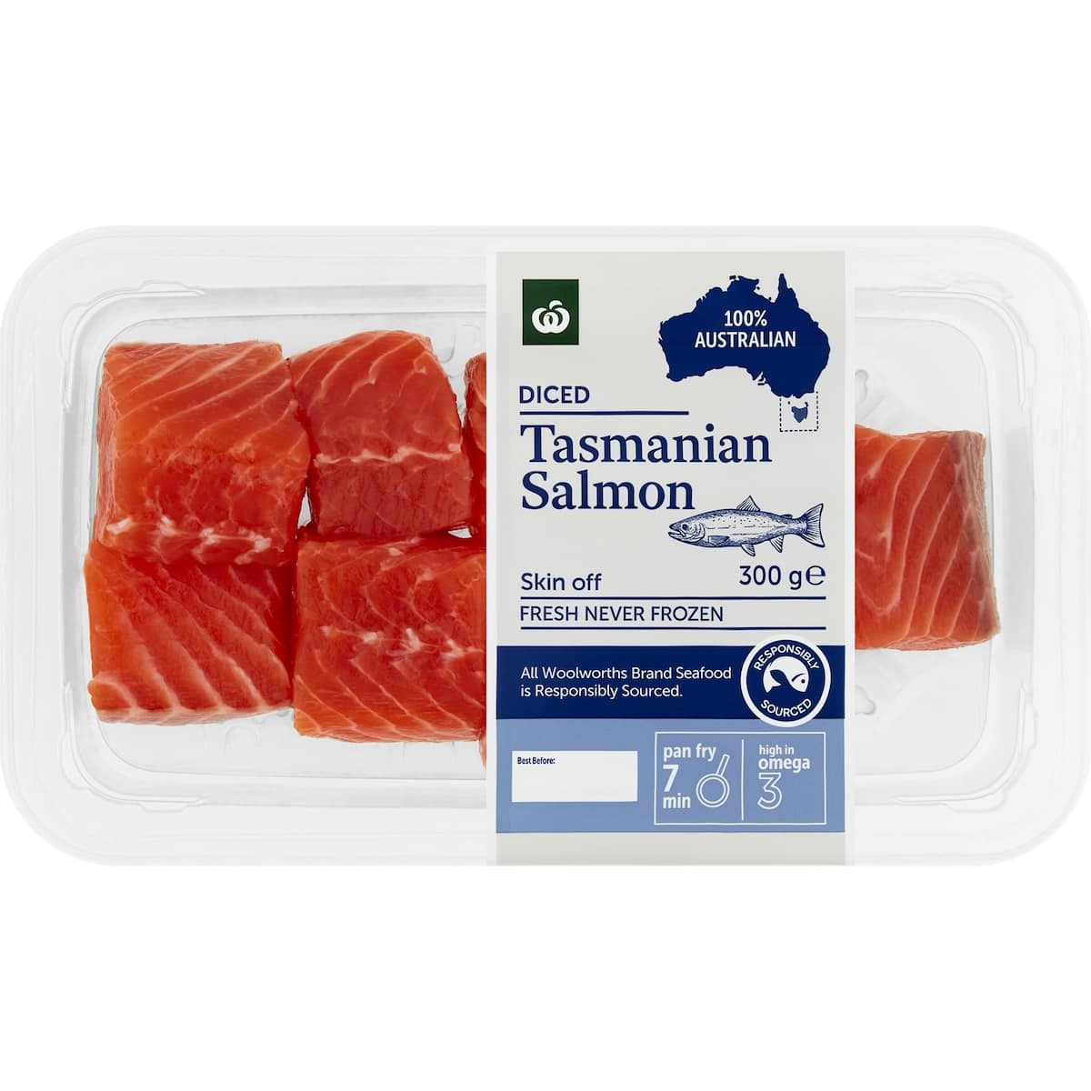 Woolworths Diced Tasmanian Salmon Skin Off 300g bunch