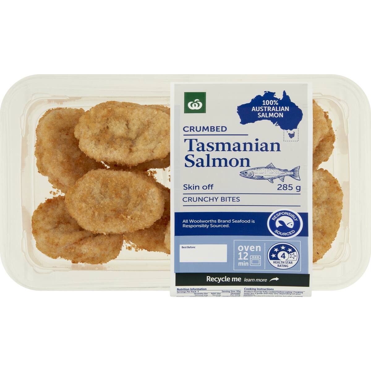 Woolworths Crumbed Tasmanian Skin Off Salmon Bites 285g bunch