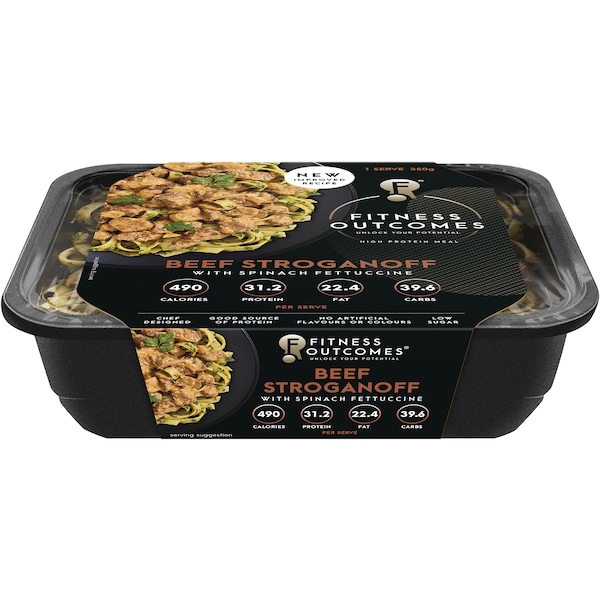 Fitness Outcomes Beef Stroganoff With Spinach Fettuccine Chilled Ready Meal 350g